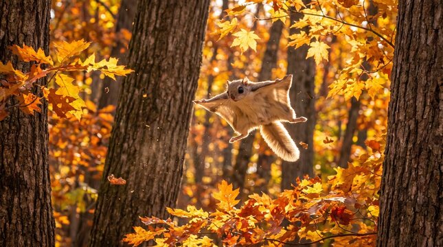 Flying squirrel gliding in an autumn forest