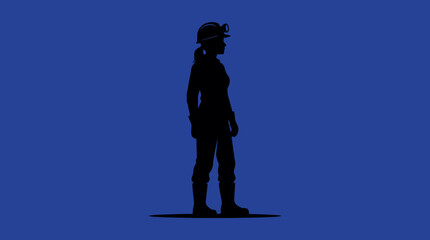 Black silhouette of a female miner or industrial worker wearing safety helmet and headlamp standing in profile against a blue background © Oktafianto
