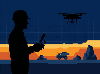 Silhouette of industrial worker operating a drone at a mining site for mapping and surveillance, flat vector illustration © Oktafianto