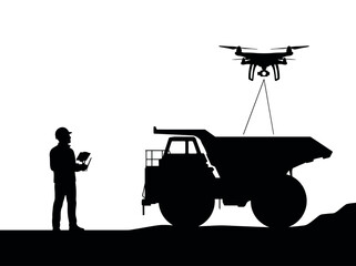 Silhouette of an industrial engineer operating a drone to inspect or scan a large mining dump truck © Oktafianto