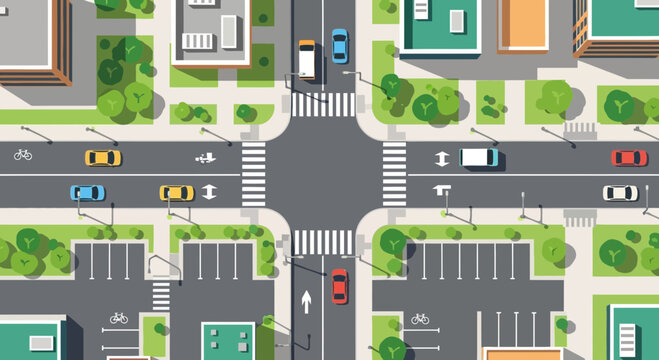 Top-down view of a busy city intersection with cars, buildings, and greenery.