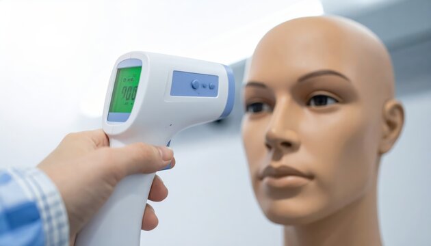 Person using a digital infrared thermometer to measure forehead temperature on a mannequin
