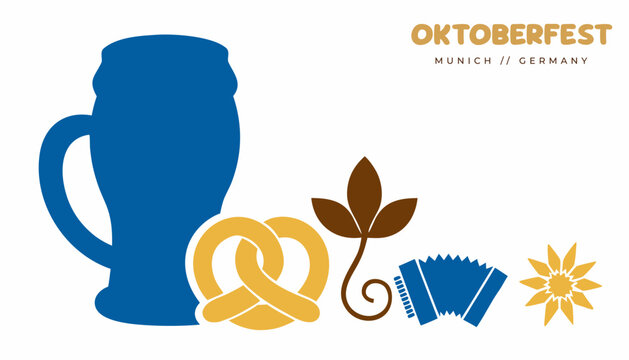 Flat beer festival banner: hops, wheat, Bavarian patterns, blue-white tones for web promotional graphics