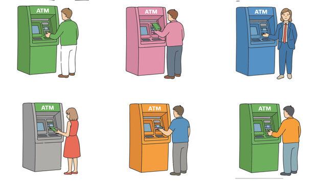 Set of flat vector illustrations featuring diverse people using automated teller machines for banking transactions cash withdrawals and financial services