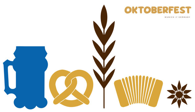 Bold flat vector Oktoberfest: dirndl silhouette, beer barrel, gold accents for call-to-action banner design