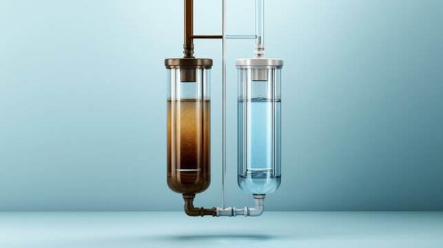 Water filtration process shows dirty and clean water in two containers side by side with a light blue background in a laboratory setting