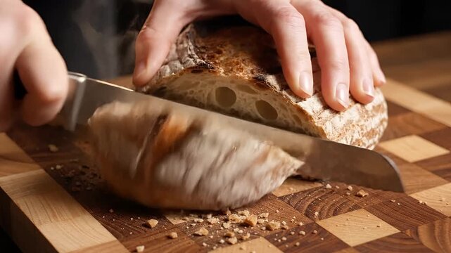 Closeup of hands slicing a rustic loaf of sourdough bread on a wooden cutting board.