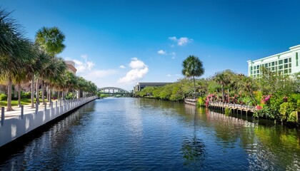 Fototapeta premium scenic riverwalk in tampa florida a picturesque pathway along the hillsborough river with lush views and vibrant