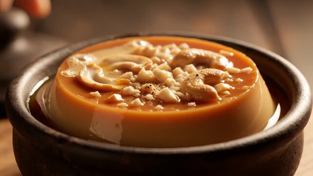 Delicious Caramel Custard Dessert Topped with Nuts in a Bowl.