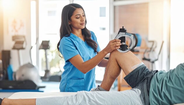 Physical therapist using goniometer to measure range of motion of a patient's knee during rehabilitation at a clinic
