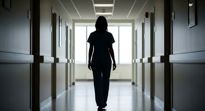 Silhouette of person walking down bright hospital corridor