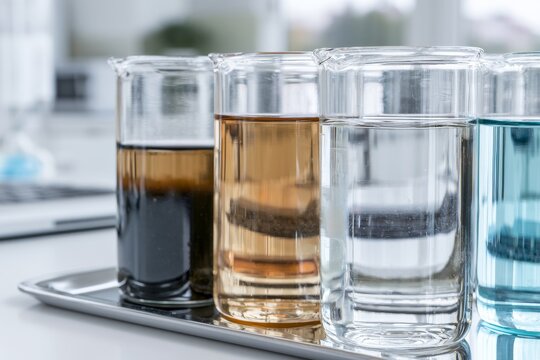 Different liquids in glass beakers displayed on a tray in a laboratory setting during the daytime