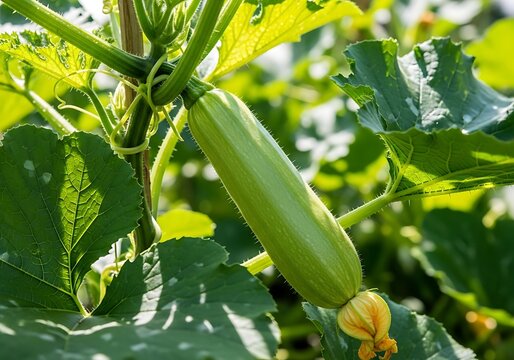 Fresh green zucchini growing on a plant in the garden illustration