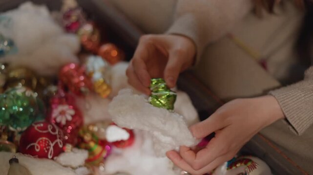 Sorting holiday decorations. Woman organizing festive ornaments carefully. Preparing colorful holiday decorations in cozy room. Woman carefully arranges bright ornaments inside open box