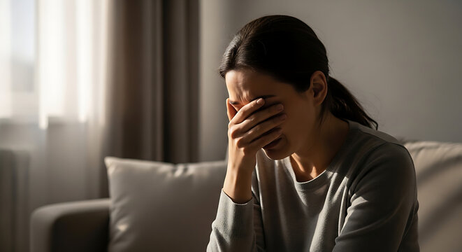 Devastated distraught woman weeping in deep sorrowful despair overwhelmed by tragic news covering her tearful face with hand while sitting alone in grief and emotional pain within a dark room