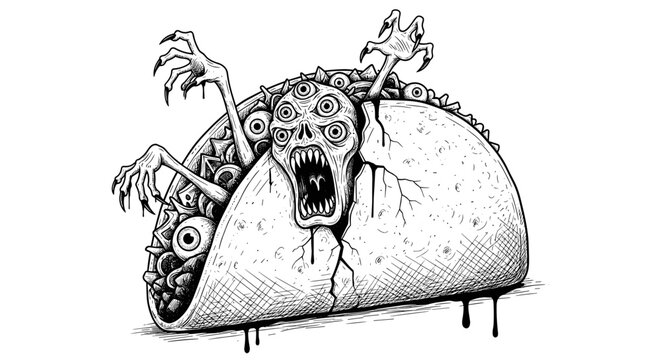Horror Taco Monster Emerging with Many Eyes and Claws.