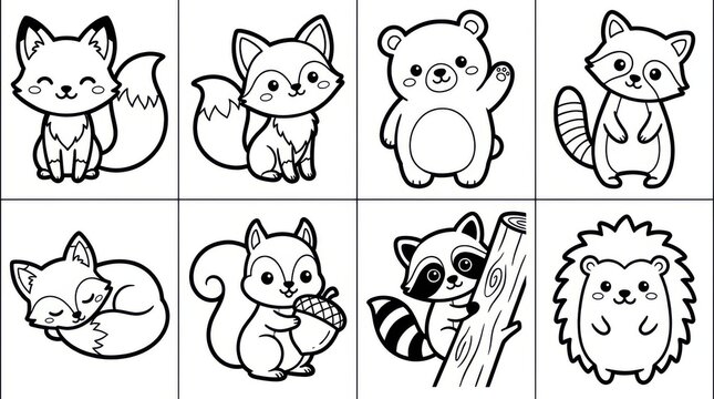 Black and white illustration of various forest animals  cartoon style  for coloring book