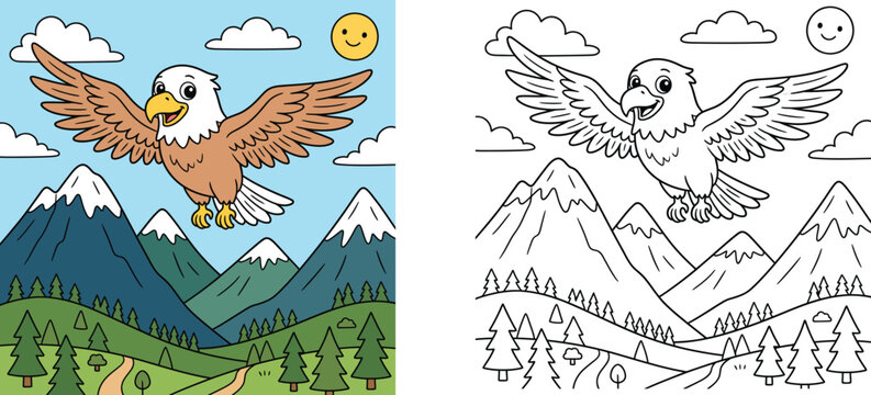 Cute cartoon flying eagle over mountains coloring book page with colored sample, educational activity worksheet with wild bird pine forest sun sky scenery vector illustration