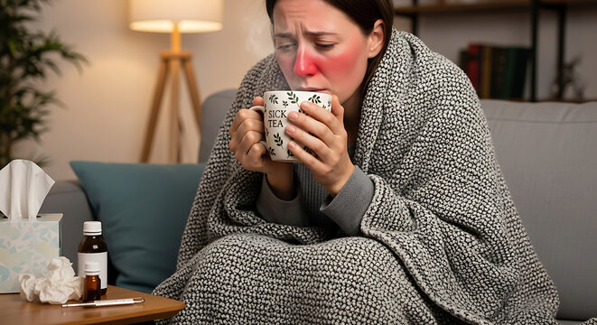 Unwell woman suffering from seasonal influenza shivering with cold while drinking hot medicinal herbal tea to soothe sore throat and viral symptoms at home during winter season recovery