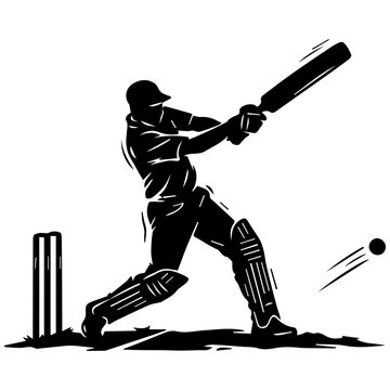 Cricket Player Swinging Bat at Ball During Match, Action Silhouette