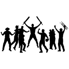 Fototapeta premium Silhouette of a jubilant cricket team celebrating a victory with bats raised high