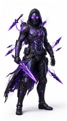 Fototapeta premium Dark fantasy hooded assassin character in sleek armor wielding glowing purple energy blades and floating daggers isolated on white