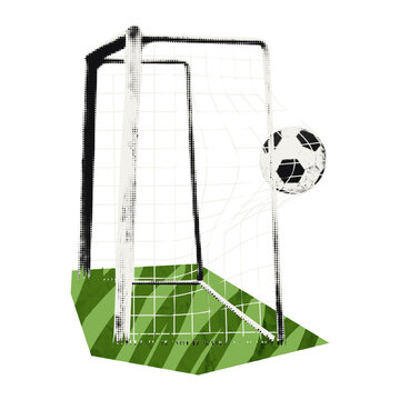 Soccer goal with ball hitting the net. Concept of scoring a goal, victory, football championship, sports achievement. Modern retro halftone collage element vector illustration with doodles, isolated