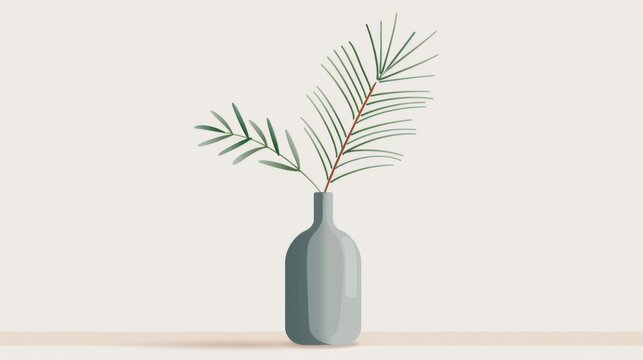 minimalist vector illustration of a modern tinted grey glass vase with a single pine branch, isolated on a solid white background. Muted color palette: