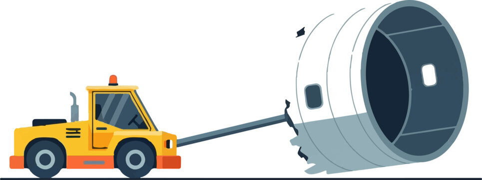 Industrial tow truck pulling large jet engine component.