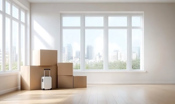 Moving boxes and luggage in empty apartment with large windows overlooking city skyline.