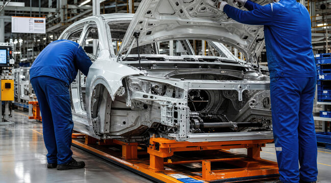 Automotive Assembly Line: Workers Building Car Chassis in Factory