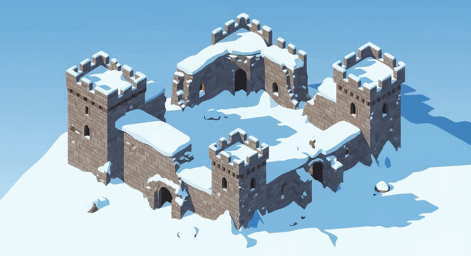 Snowy castle ruins on a hill.