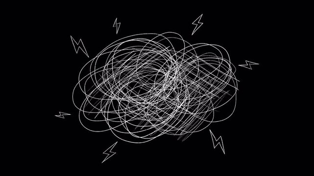 White scribble brain with lightning bolts, abstract line art concept on black background. Seamlessly looping video with transparent alpha channel representing brainstorming, stress, mental overload