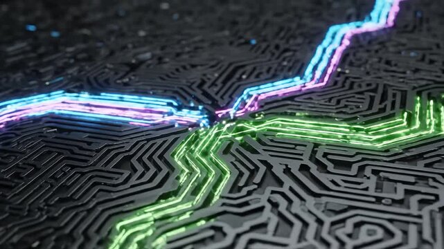 Circuit board with glowing lines ideal for sleek commercial backgrounds and title sequences
