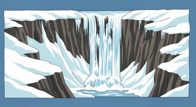 Illustration of a frozen waterfall landscape.