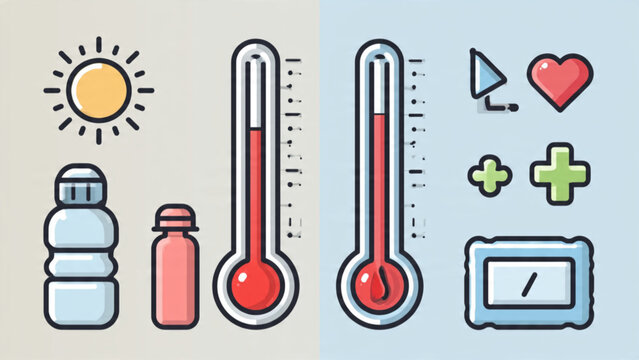 Set of health and fitness monitoring icons including thermometers hydration bottles and digital devices