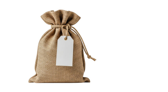 Natural burlap sack tied with twine string perfectly presented isolated on transparent background