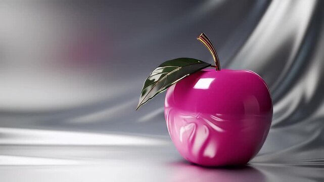 A luminous magenta apple resting on a reflective surface with flowing abstract background details