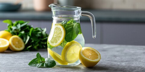 Fototapeta premium This image showcases a transparent pitcher filled with water, lemon slices, and mint leaves, creating a refreshing drink perfect for hot summer days or gatherings.