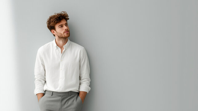 Young man leaning casually against white wall in minimalist urban style with relaxed confidence