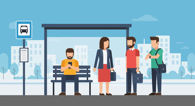 People Waiting at Bus Stop Station with City Buildings Background, Urban Commute