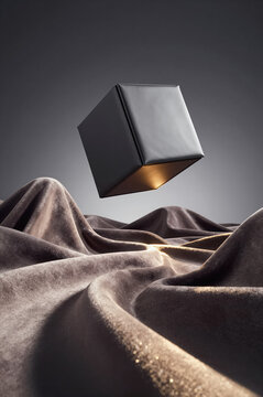 Cube of grey leather floats above undulating waves of crushed velvet fabric. Warm underglow illuminates the underside of the geometric form against a dark studio backdrop.