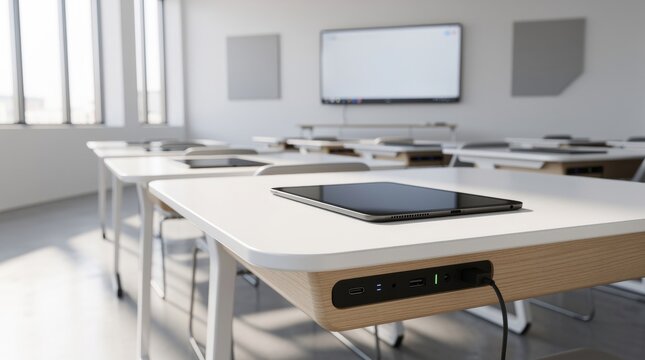 Modern Classroom Desk with Tablet and Integrated Charging Ports