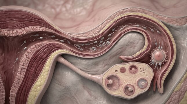 Fertility initiation journey: human reproduce, sperm navigate, ovum fertilize, embryo develop, female system, cellular division, uterine passage, blastocyst form, fallopian tube, microscopic detail.