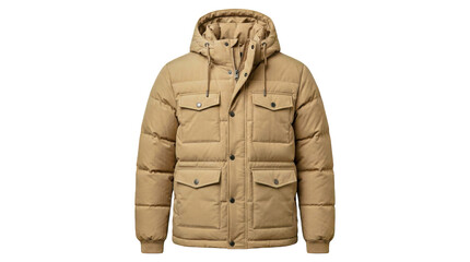 Tan quilted jacket with hood on white background isolated on transparent background © Designer