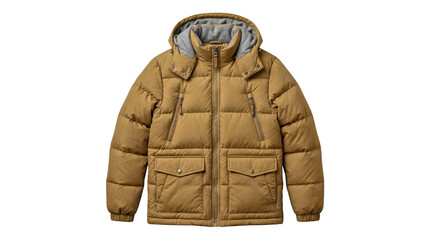 Woman wearing tan puffer jacket standing outdoors isolated on transparent background © Designer