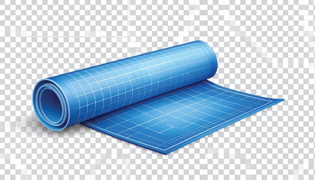 Blue Architectural Blueprint Roll with Grid Pattern, Technical Engineering Drawing Isolated on Transparent Background