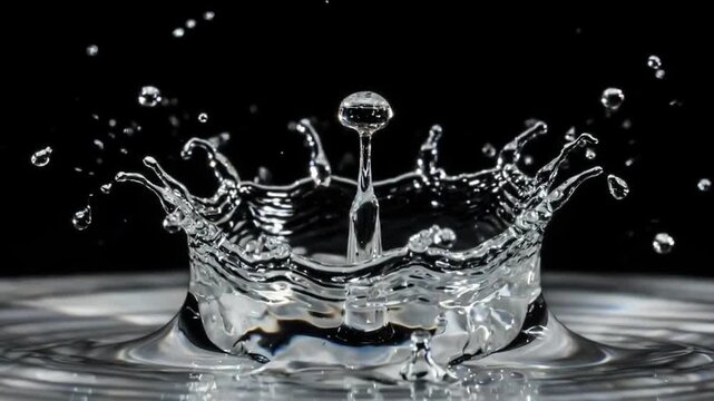 Clear water droplet impact crown splash, fluid dynamics science macro