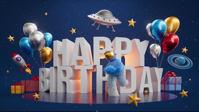 Furry monster wearing an astronaut helmet, performing a happy dance against a dark blue background with Happy Birthday text, decorated with balloons, stars, and cosmic stuff. 3D looping animation