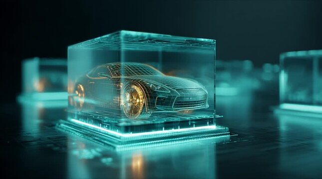 Advanced 3D vertical semiconductor cube matrix displaying supercar wireframe (AI Generated)